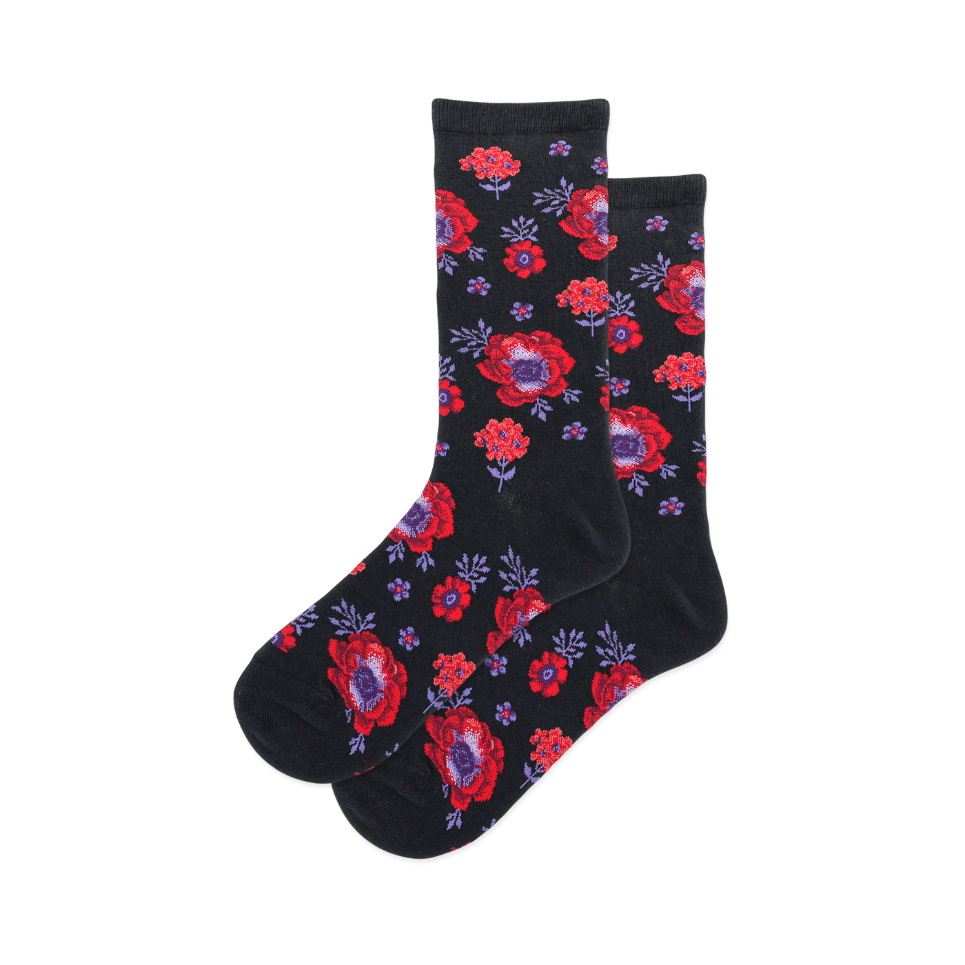 Pair of women's crew socks in black and red, featuring a poppy floral print. 