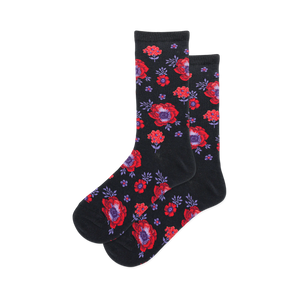 Pair of women's crew socks in black and red, featuring a poppy floral print. 