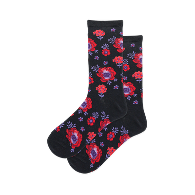 Pair of women's crew socks in black and red, featuring a poppy floral print. 
