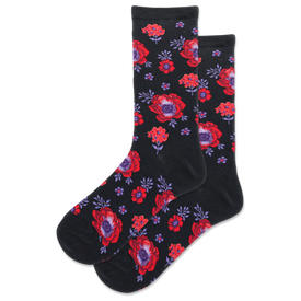 women's crew socks with red, purple floral pattern and green leaves   