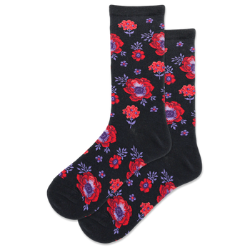 women's crew socks with red, purple floral pattern and green leaves   