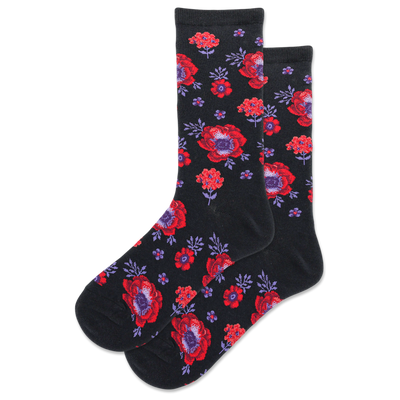 Pair of women's crew socks in black and red, featuring a poppy floral print.