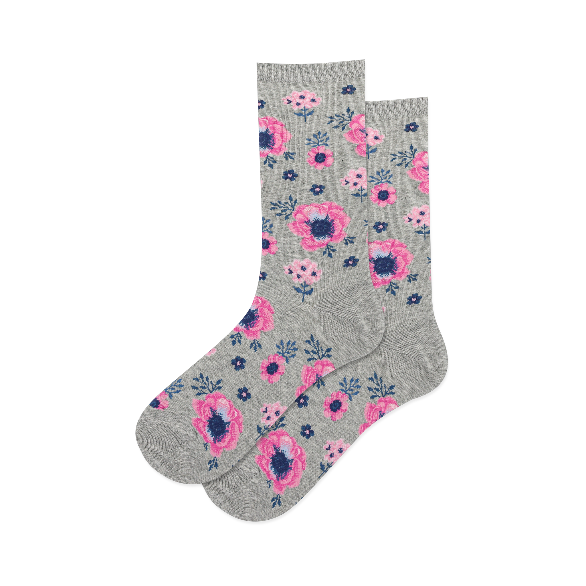 Pair of women's crew socks in grey featuring a pink and blue poppy floral print.