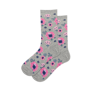 Pair of women's crew socks in grey featuring a pink and blue poppy floral print.