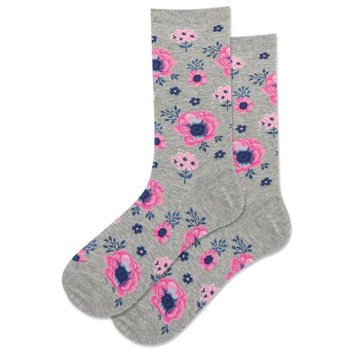 gray socks with pink and blue floral pattern for women   