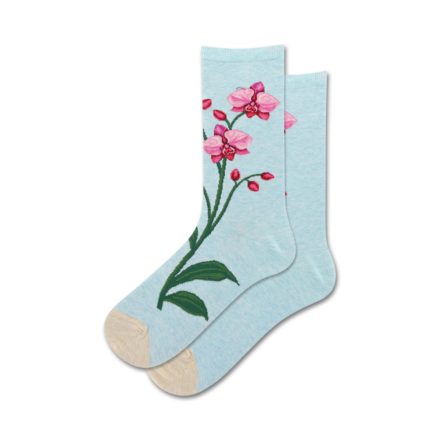 Pair of women's crew socks in light blue featuring embroidered pink orchids.  Beige heel and toe.