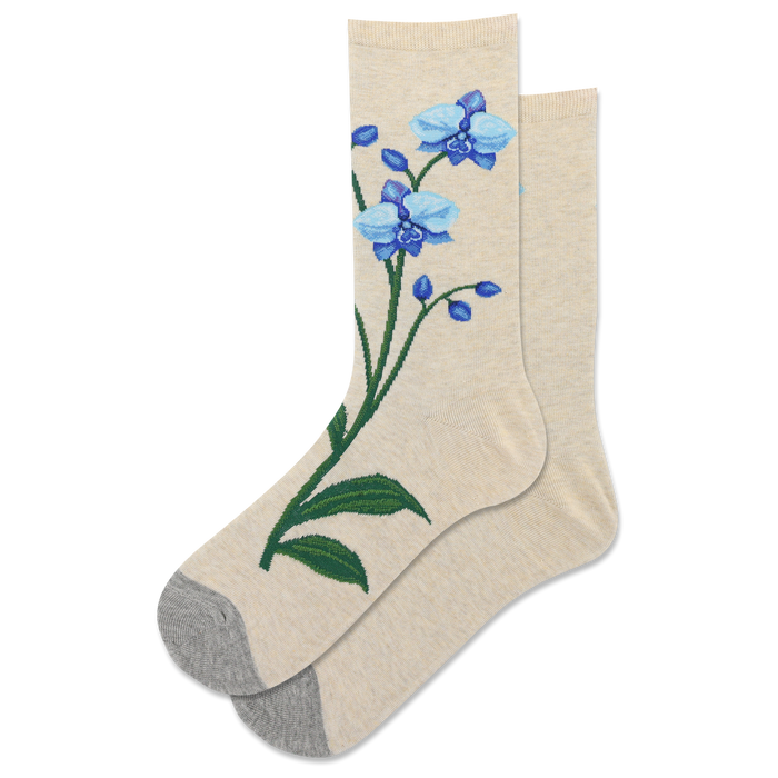 womens orchid pattern crew socks in off-white, blue, green, and purple.   