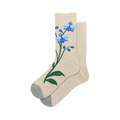 Pair of women's crew socks in beige featuring embroidered blue orchids. Grey heel and toe.