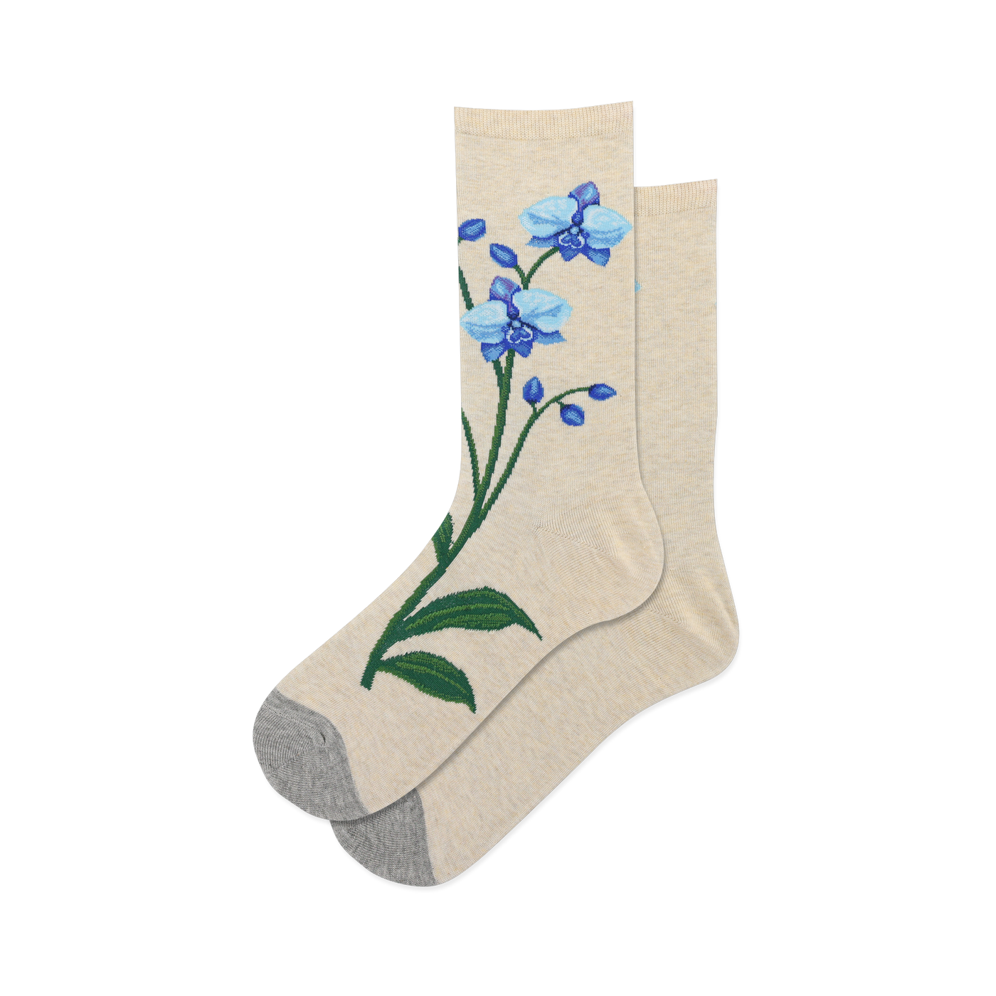 Pair of women's crew socks in beige featuring embroidered blue orchids. Grey heel and toe.