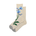 Pair of women's crew socks in beige featuring embroidered blue orchids. Grey heel and toe.