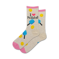 Pair of crew socks in beige and pink.  The socks feature 'I love Pickleball' text and illustrations of pickleball paddles and balls.