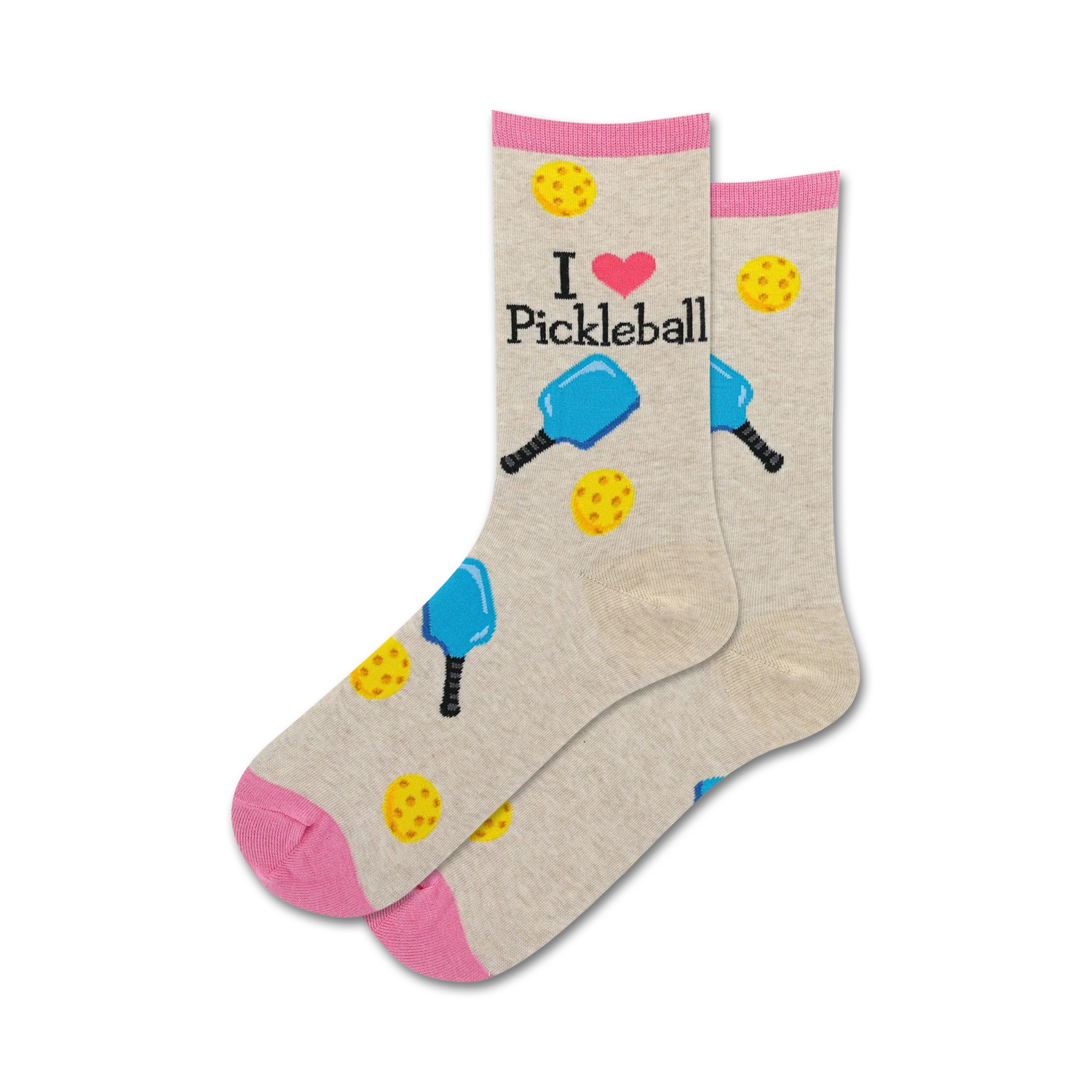 Pair of crew socks in beige and pink.  The socks feature 'I love Pickleball' text and illustrations of pickleball paddles and balls.