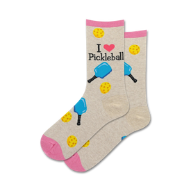 light gray crew socks with pickleball and pickleball paddle pattern in green, yellow, blue, and pink. women's size.   