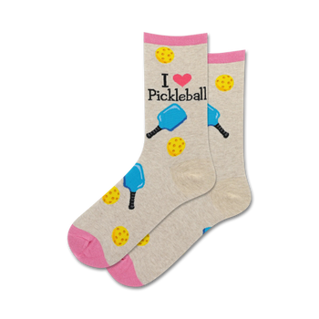 light gray crew socks with pickleball and pickleball paddle pattern in green, yellow, blue, and pink. women's size.   