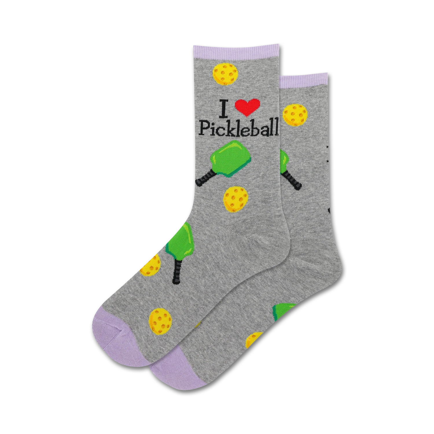 Pair of grey crew socks with purple cuffs. The socks have the same pickleball design as the beige socks, but in a different color scheme.