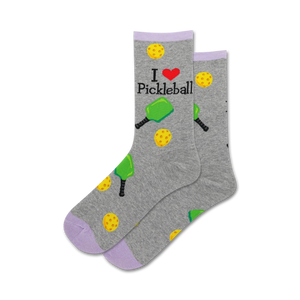 lime green and yellow pickleball paddles and balls printed crew socks for women.  