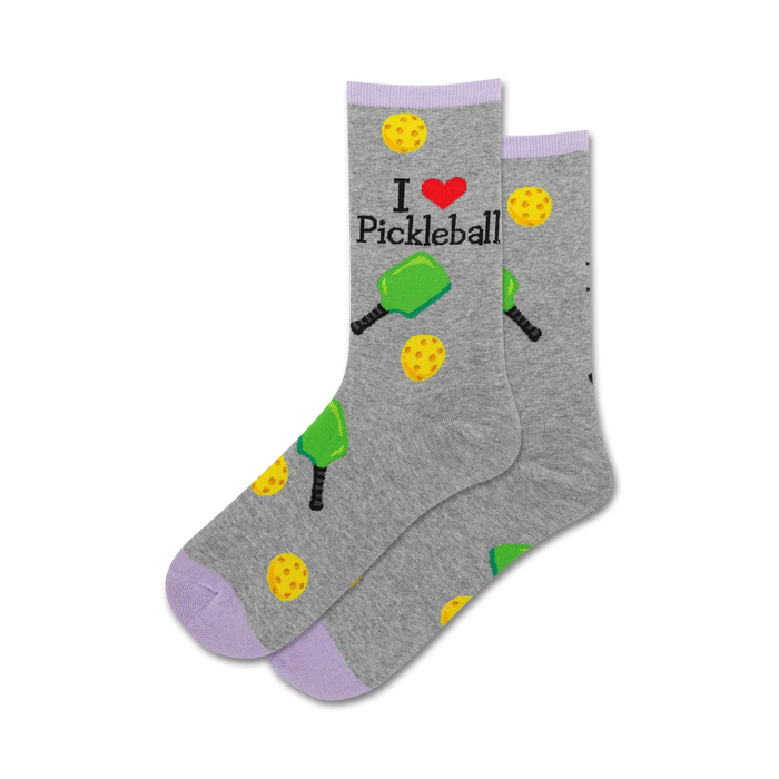 lime green and yellow pickleball paddles and balls printed crew socks for women.  
