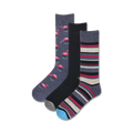 Three crew socks: one with pink flamingos on a navy background, one black, and one with grey, burgundy and beige stripes. 