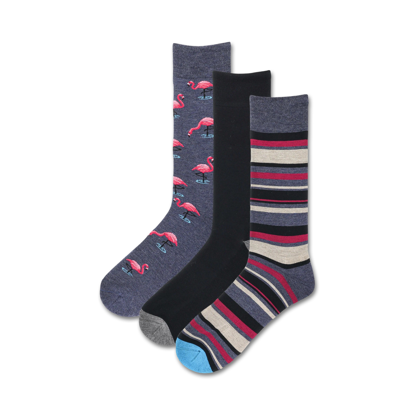 Three crew socks: one with pink flamingos on a navy background, one black, and one with grey, burgundy and beige stripes. 