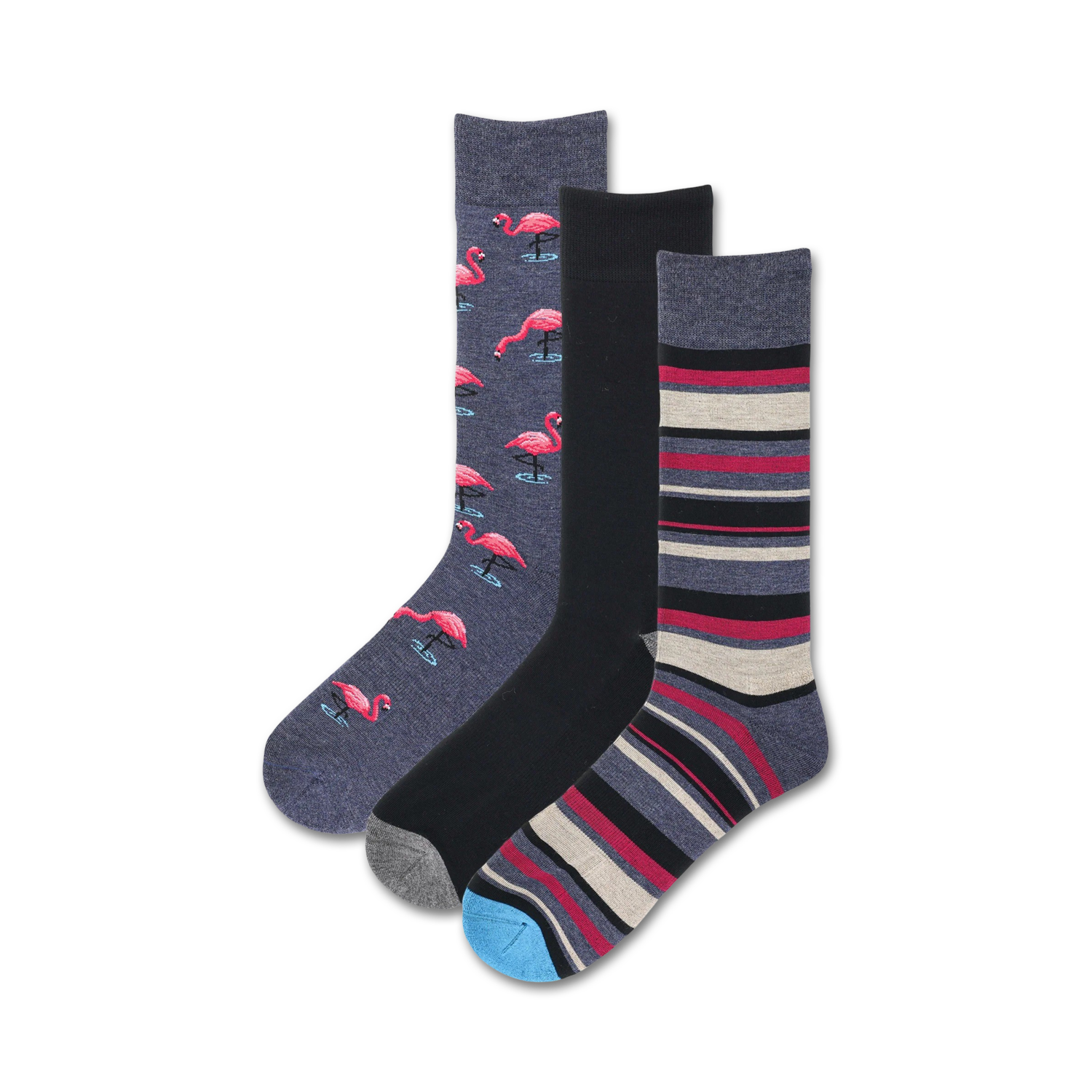 Three crew socks: one with pink flamingos on a navy background, one black, and one with grey, burgundy and beige stripes. 