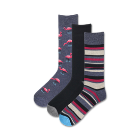3 pair mens' crew socks in black, grey and dark grey with pink flamingo and stripe designs   