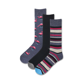 3 pair mens' crew socks in black, grey and dark grey with pink flamingo and stripe designs   