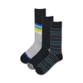 Three crew socks: black with chevron stripes (grey/blue/green), black with thin stripes (teal/green/black), and solid grey with blue/green accents. 