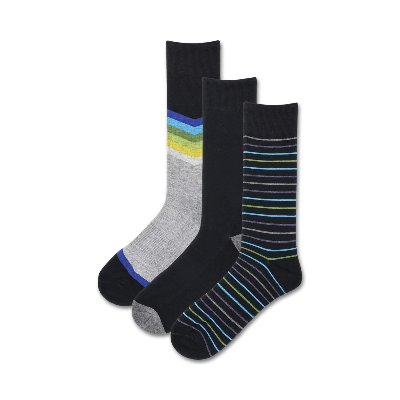 Three crew socks: black with chevron stripes (grey/blue/green), black with thin stripes (teal/green/black), and solid grey with blue/green accents. 