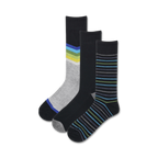 Three crew socks: black with chevron stripes (grey/blue/green), black with thin stripes (teal/green/black), and solid grey with blue/green accents. 