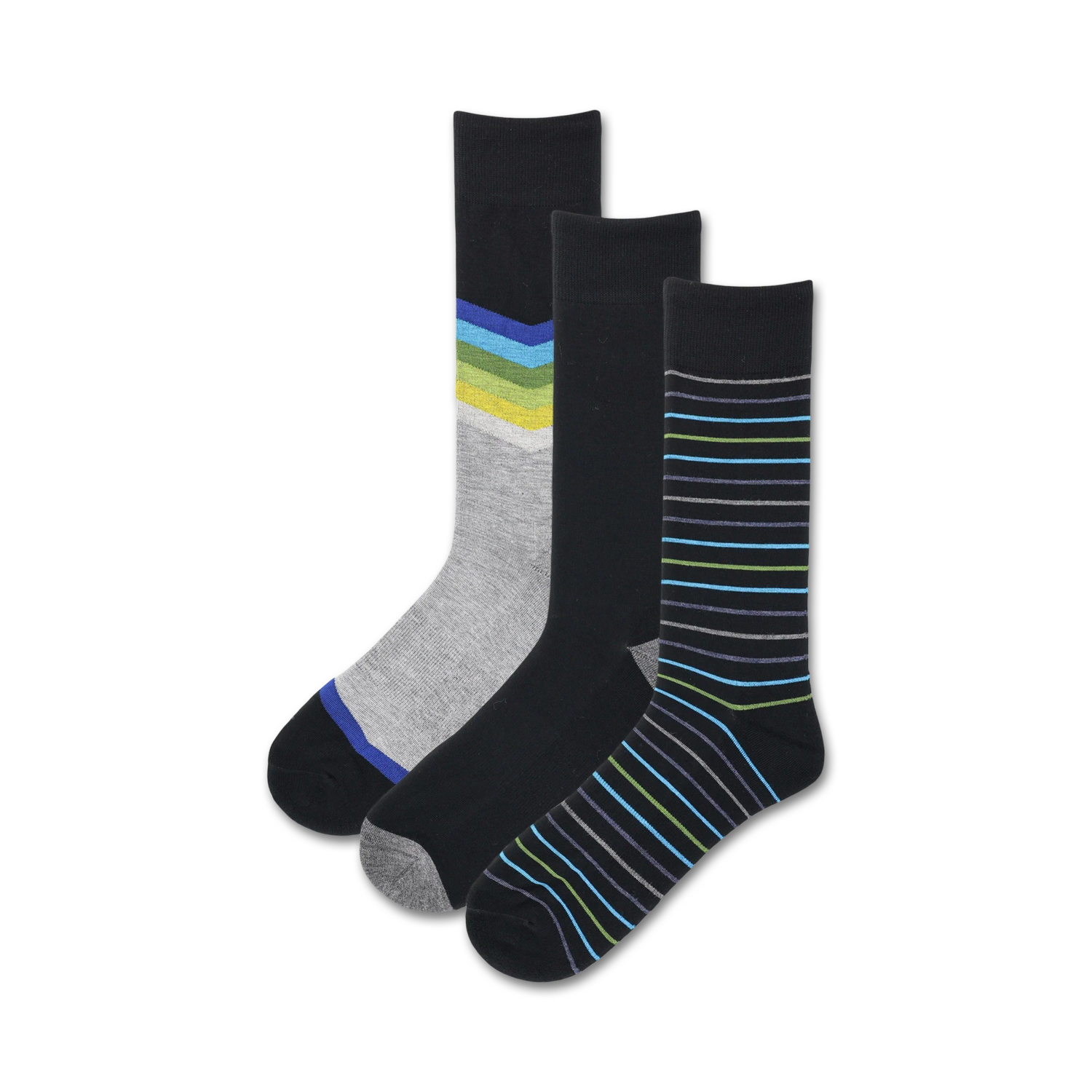 Three crew socks: black with chevron stripes (grey/blue/green), black with thin stripes (teal/green/black), and solid grey with blue/green accents. 