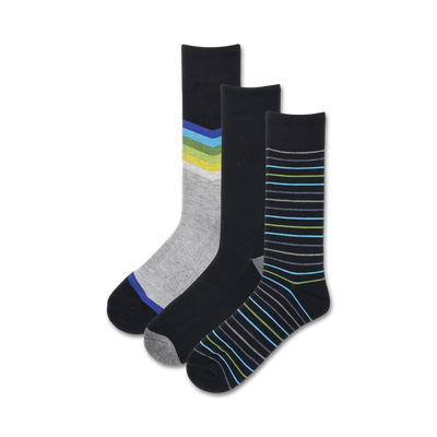 3-pack men's socks in black, gray, and black with green and blue stripes and chevron pattern.  