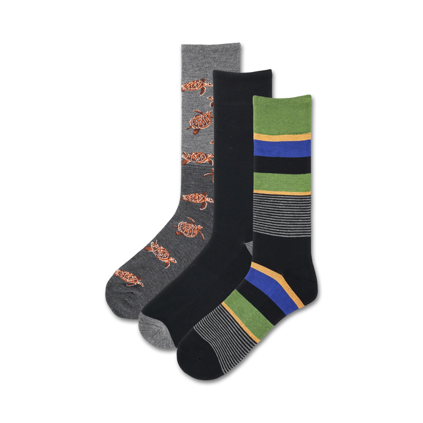 Three crew socks: one gray with orange turtles, one black with gray stripes, and one black with green, gray, and blue stripes.