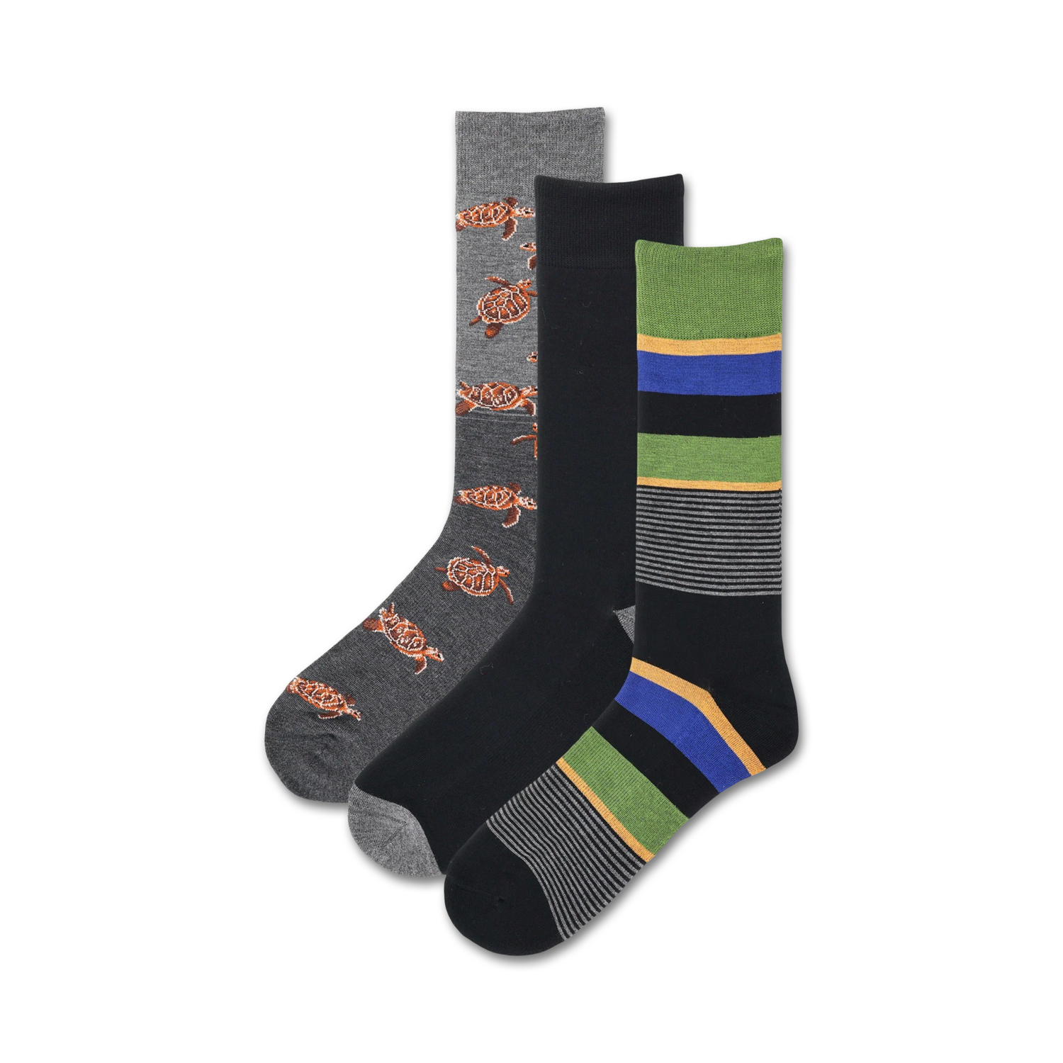 Three crew socks: one gray with orange turtles, one black with gray stripes, and one black with green, gray, and blue stripes.