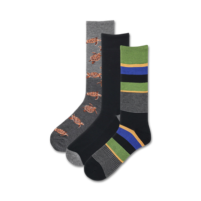 gray, black, and multi-colored turtle crew socks for men.   