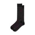 Pair of black crew socks with a repeating pattern of small, split-colored (pink and blue) squares.