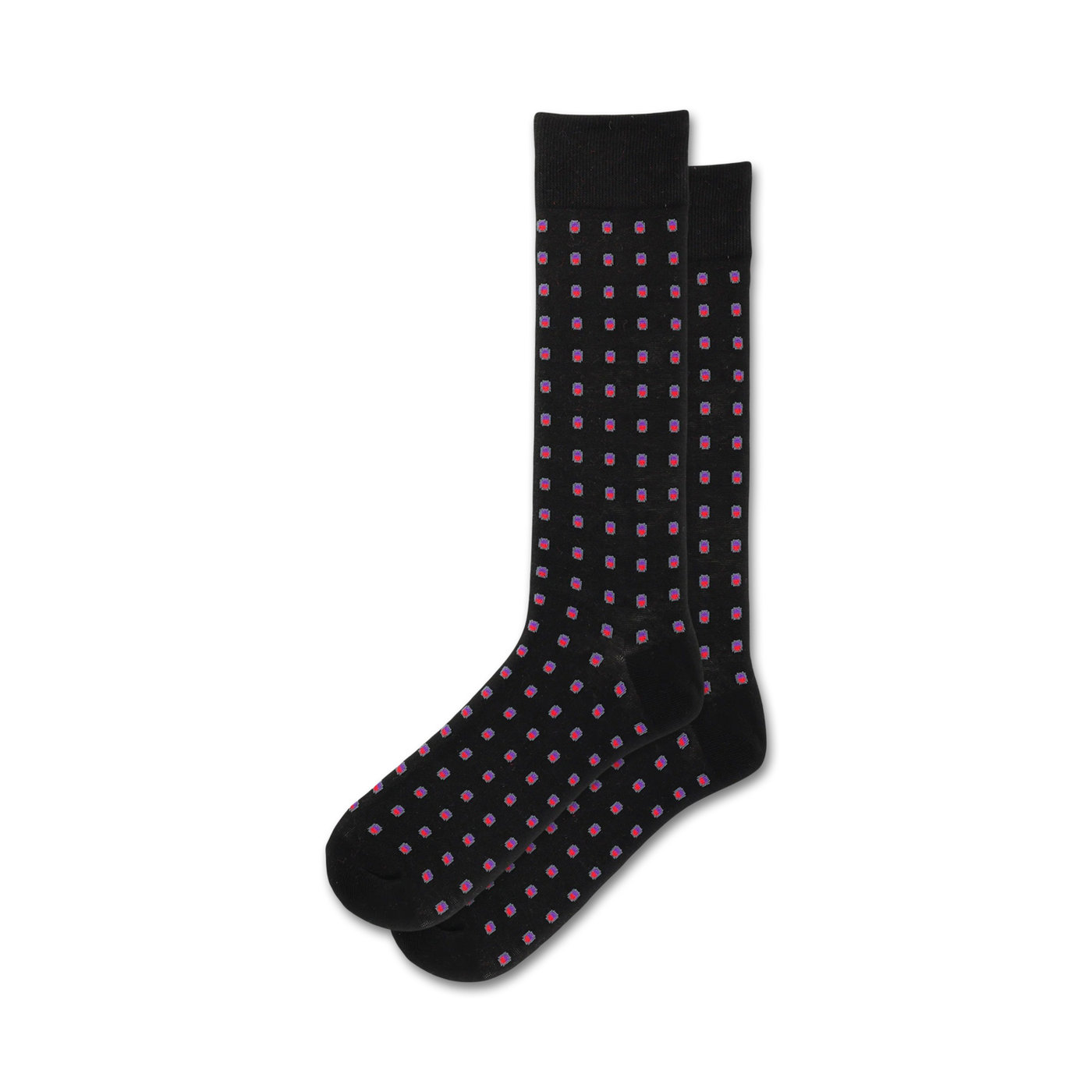 Pair of black crew socks with a repeating pattern of small, split-colored (pink and blue) squares.