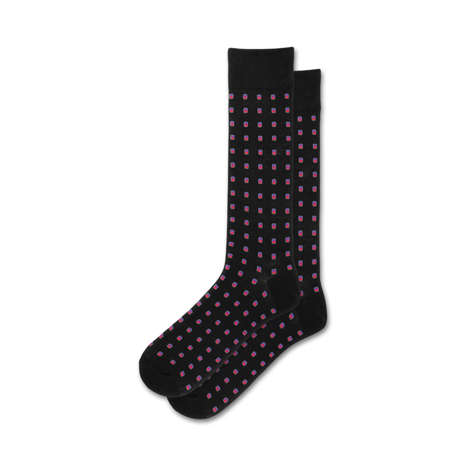 Pair of black crew socks with a repeating pattern of small, split-colored (pink and blue) squares.