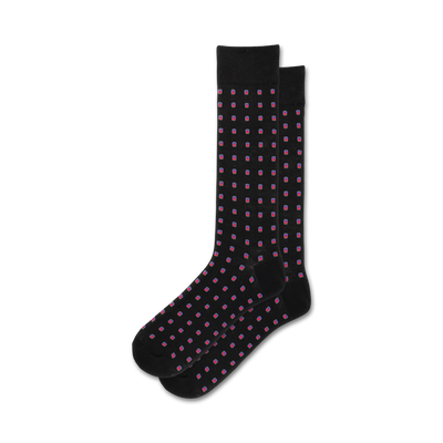 black crew socks with small purple and blue squares pattern, ideal for men's casual wear.  