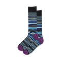 Pair of thin multi-striped crew socks.  Colors include black, teal, gray, and purple with a purple heel and toe.