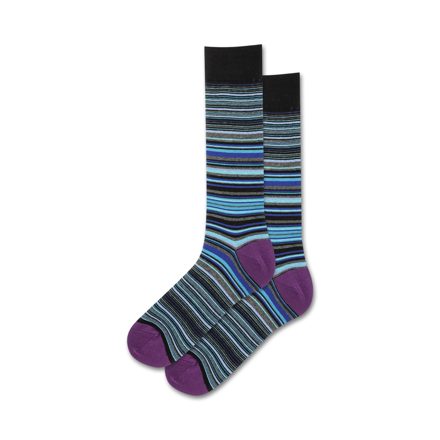 Pair of thin multi-striped crew socks.  Colors include black, teal, gray, and purple with a purple heel and toe.