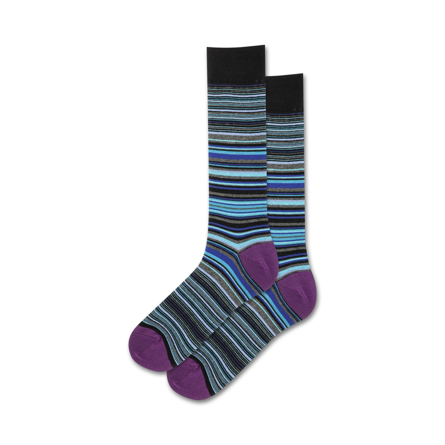 Pair of thin multi-striped crew socks.  Colors include black, teal, gray, and purple with a purple heel and toe.