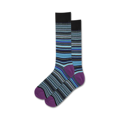 mens crew socks with thin multi-stripe pattern, blue, purple, and black.   