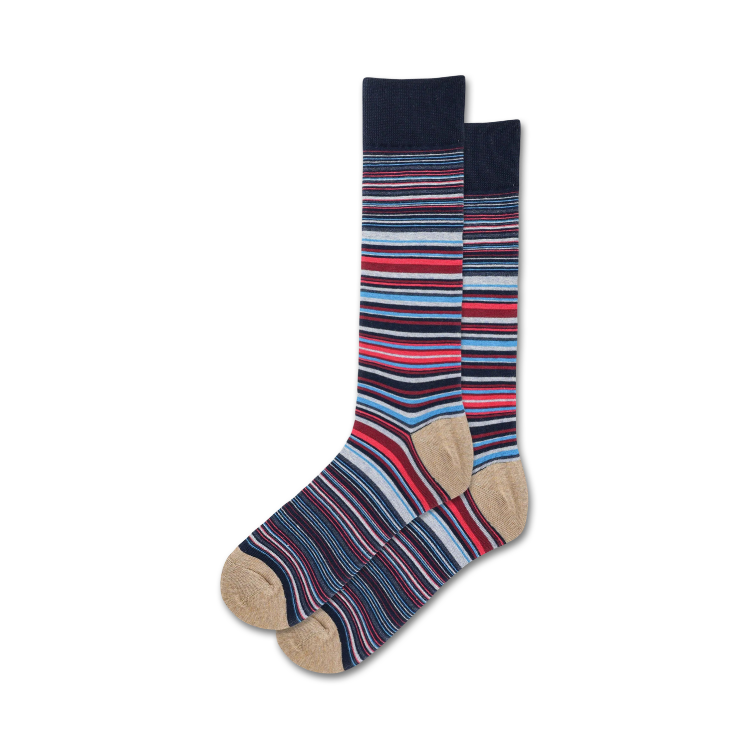 Lifestyle shot showing a person wearing the red and blue striped socks