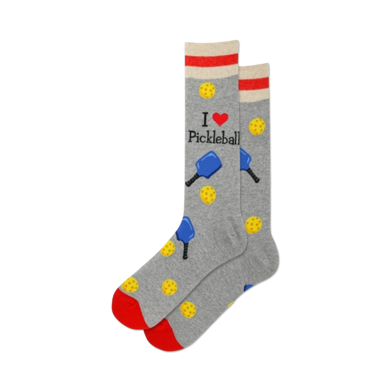 Pair of grey crew socks with red and white stripes. Features a graphic that says 'I love Pickleball', along with illustrations of paddles and pickleballs.