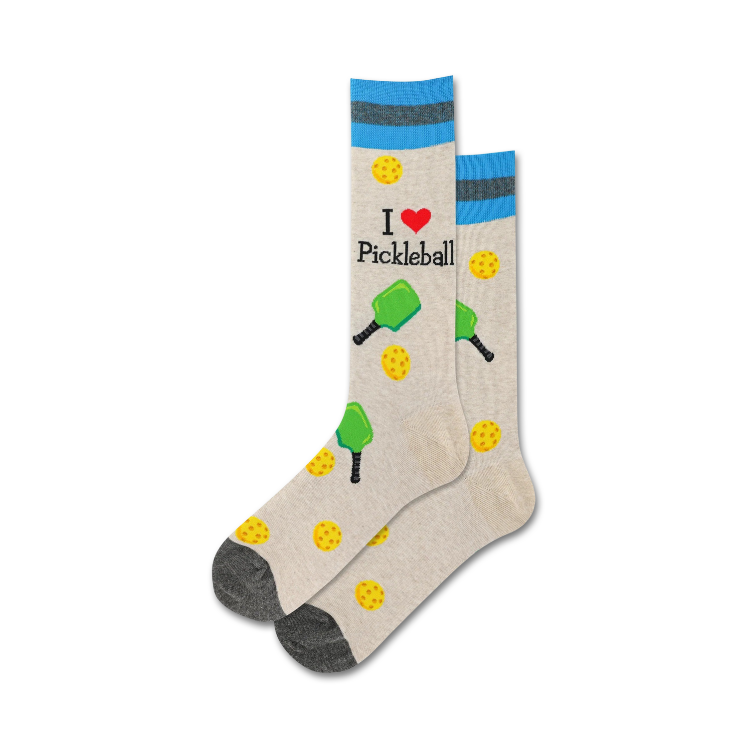 A close-up studio shot shows a pair of beige pickleball socks with teal stripes. The design includes paddles, balls, and the text 'I love Pickleball'.