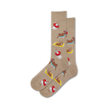 Pair of tan crew socks with a repeating pattern of cartoon dogs lounging on beach towels and in inflatable rings.