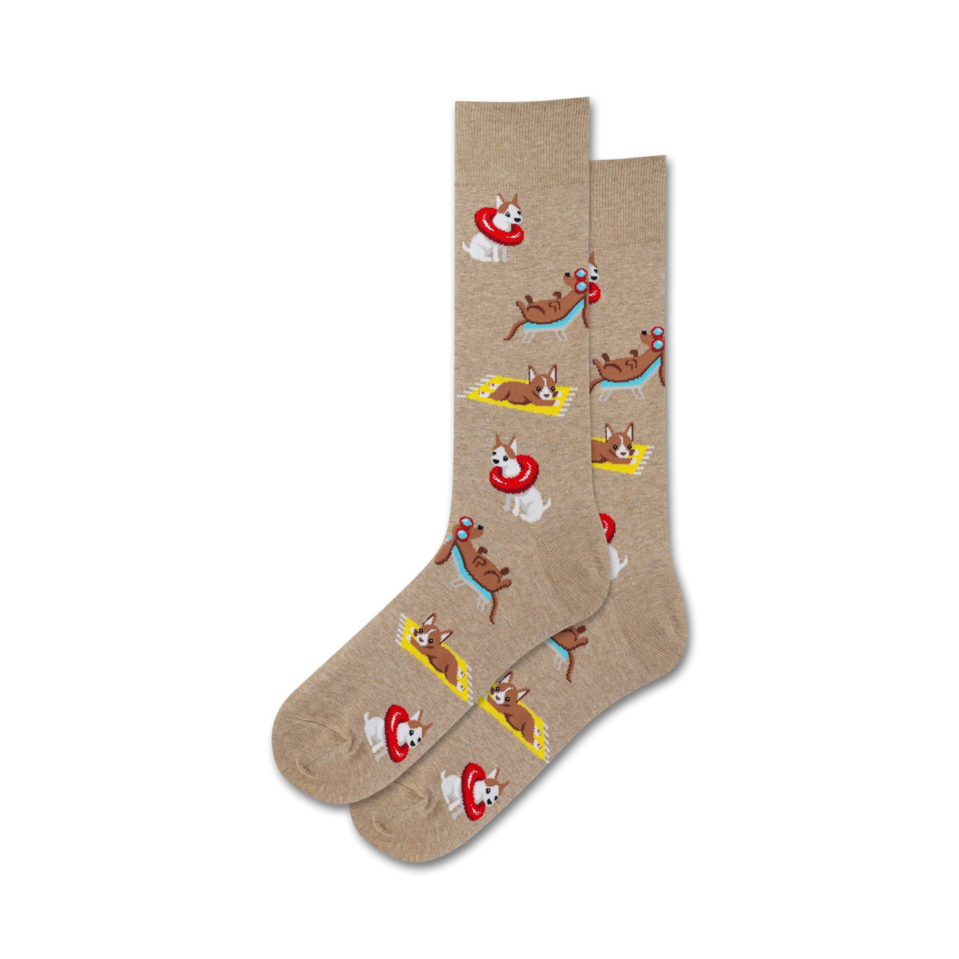 Pair of tan crew socks with a repeating pattern of cartoon dogs lounging on beach towels and in inflatable rings.