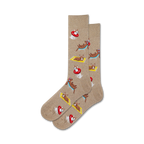 Pair of tan crew socks with a repeating pattern of cartoon dogs lounging on beach towels and in inflatable rings.