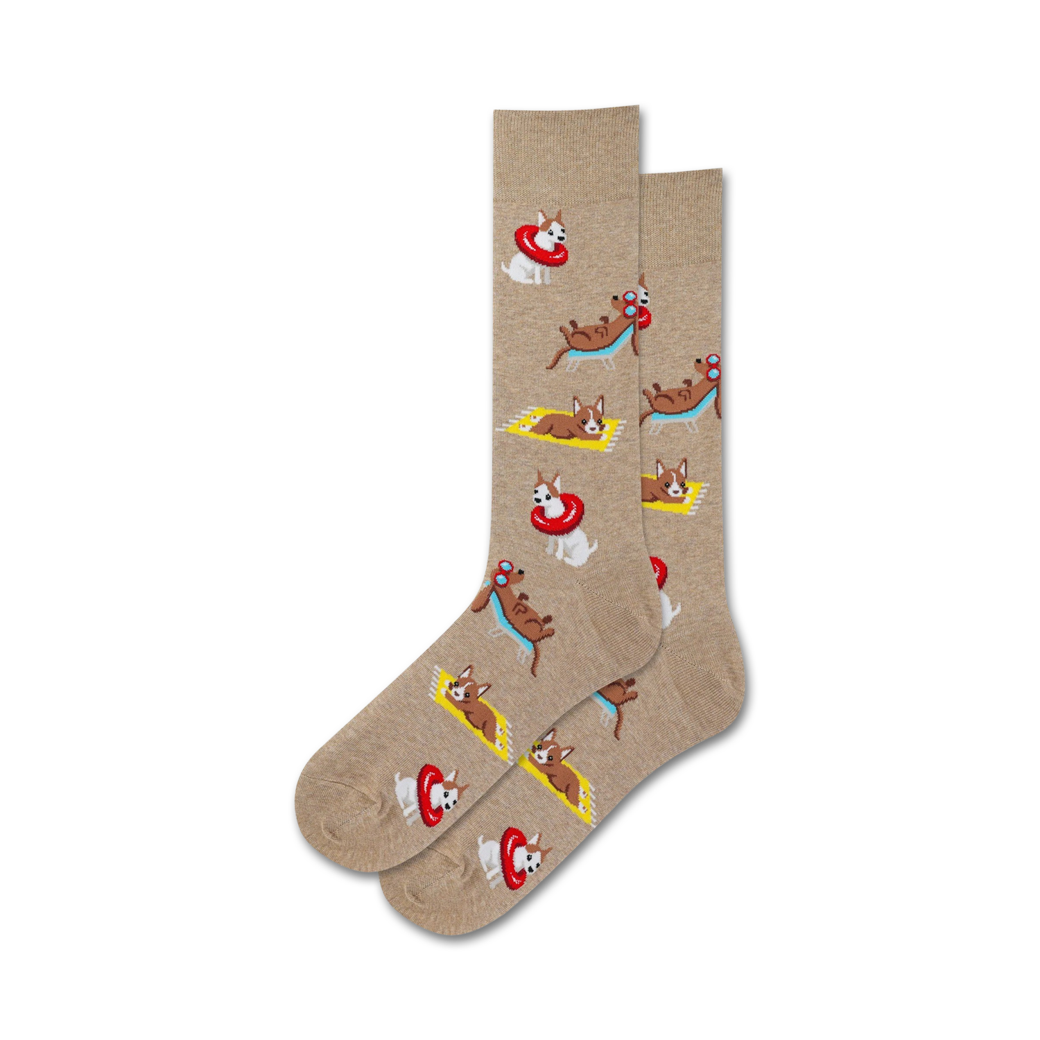 Pair of tan crew socks with a repeating pattern of cartoon dogs lounging on beach towels and in inflatable rings.