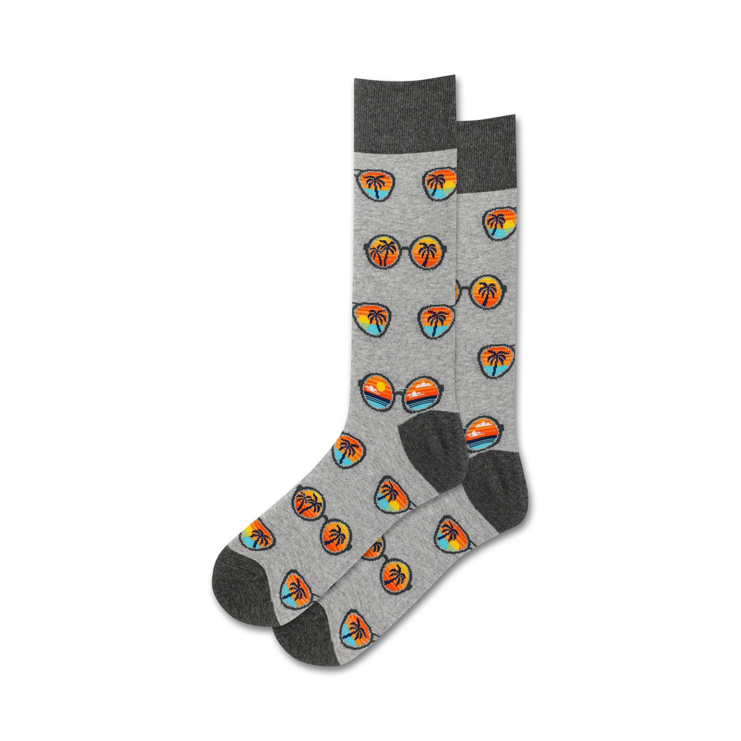 Pair of grey crew socks with a repeating pattern of retro sunglasses and palm trees at sunset. Orange, blue, and black design elements on a heather grey background.